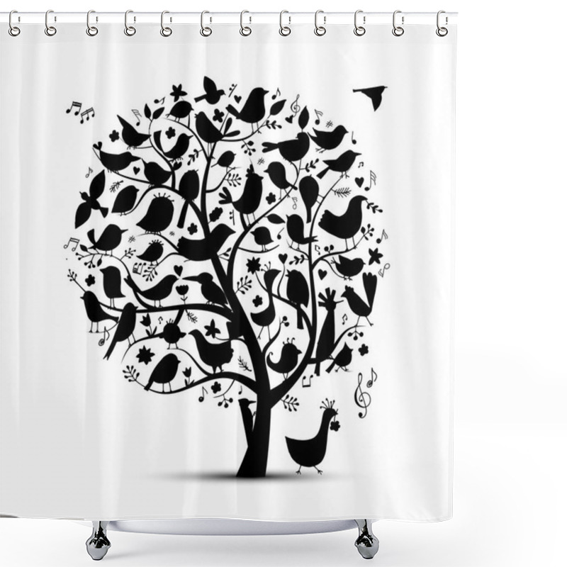 Personality  Tree With Birds, Sketch For Your Design. Vector Illustration Shower Curtains