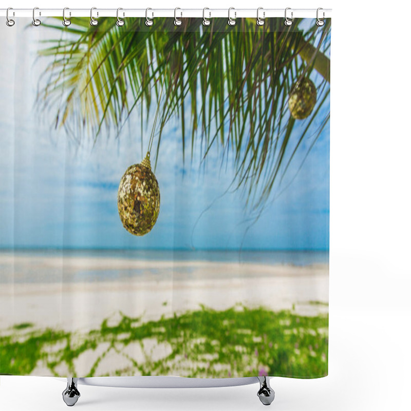 Personality  Christmas Decoration On The Palm On The Beach On Sunny Day Shower Curtains