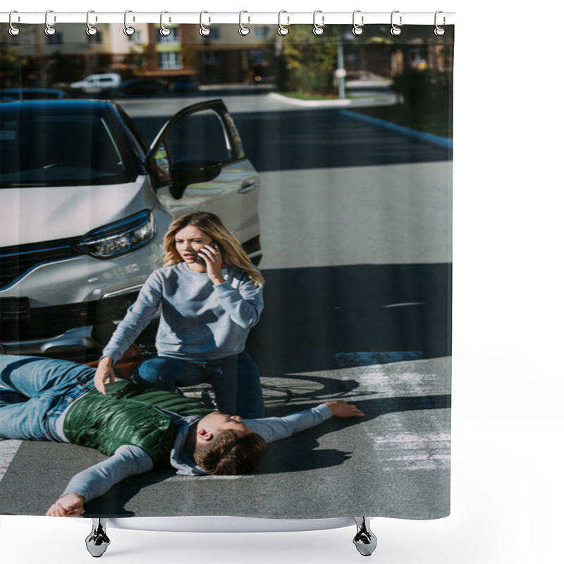 Personality  High Angle View Of Young Woman Calling Emergency White Injured Cyclist Lying On Road After Car Accident   Shower Curtains