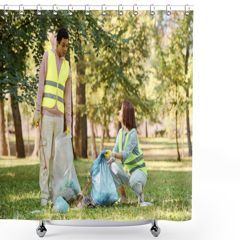 Personality  A Socially Active Diverse Loving Couple In Safety Vests And Gloves Cleaning A Park Together. Shower Curtains