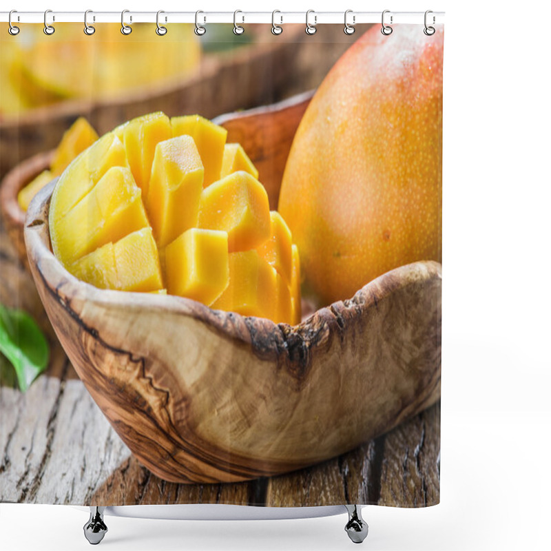 Personality  Mango Fruit And Mango Cubes On The Wooden Table. Shower Curtains