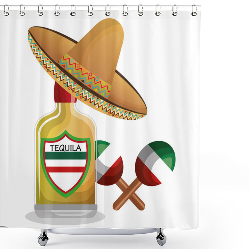 Personality  Bottle Tequila Maraca And Hat Mexican Design Shower Curtains