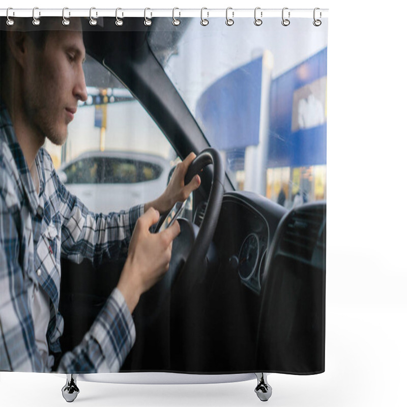 Personality  Male Driver In The Vehicle Using The Smartphone, Accident On The Road Shower Curtains