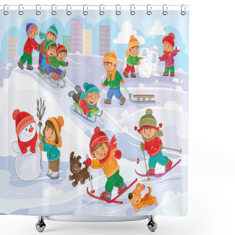 Personality  Vector Illustration Of Little Children Playing Outdoors In Winter Shower Curtains