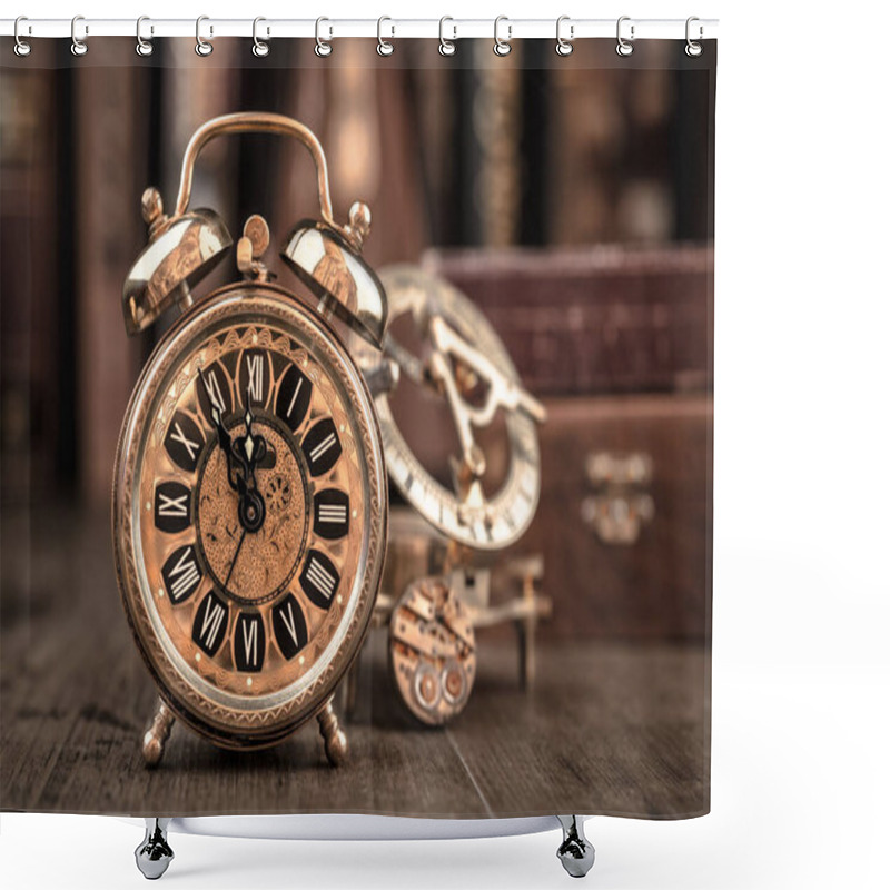 Personality  Vintage Alarm Clock Showing Five To Twelve On The Wooden Table In Study Room. Happy New Year 2015! Shower Curtains