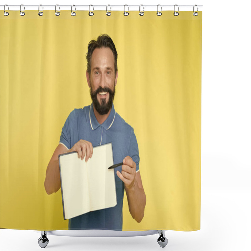 Personality  Can You Sign Here, Please. Time Management Skills. Man Planning Schedule Hold Notepad. Man Bearded Manager Happy Smiling Face. Successful Man Planning Schedule Meeting, Copy Space Shower Curtains