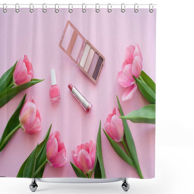 Personality  Top View Of Decorative Cosmetics Near Blooming Tulips On Pink Shower Curtains