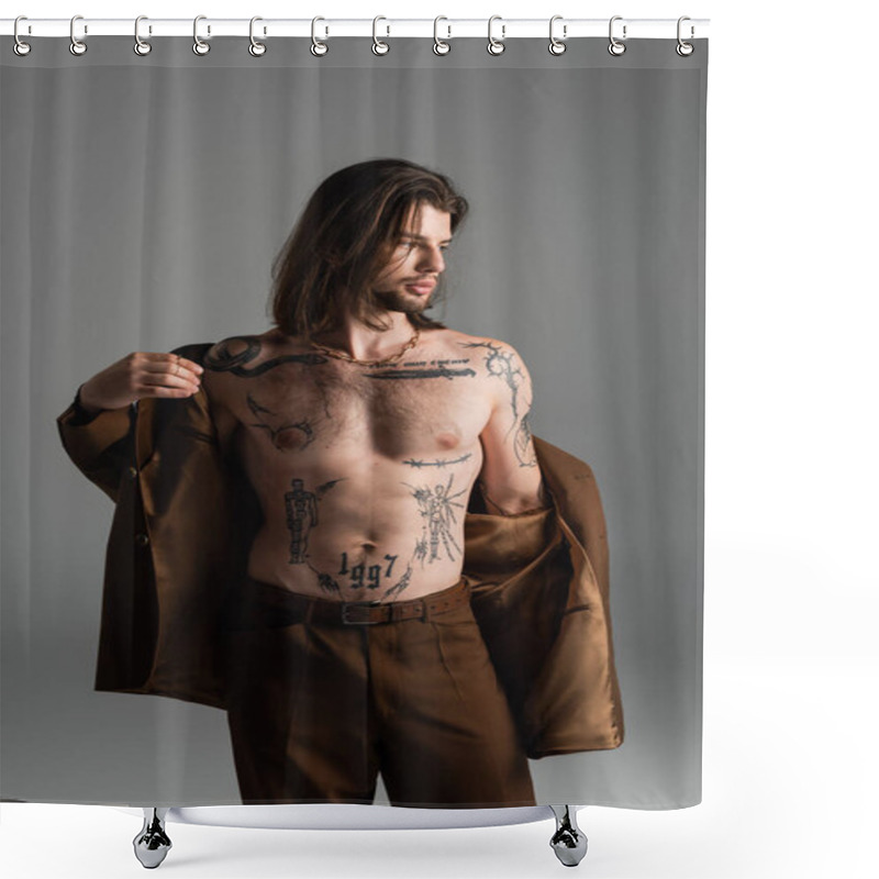 Personality  Stylish Tattooed Man Wearing Blazer Isolated On Grey  Shower Curtains