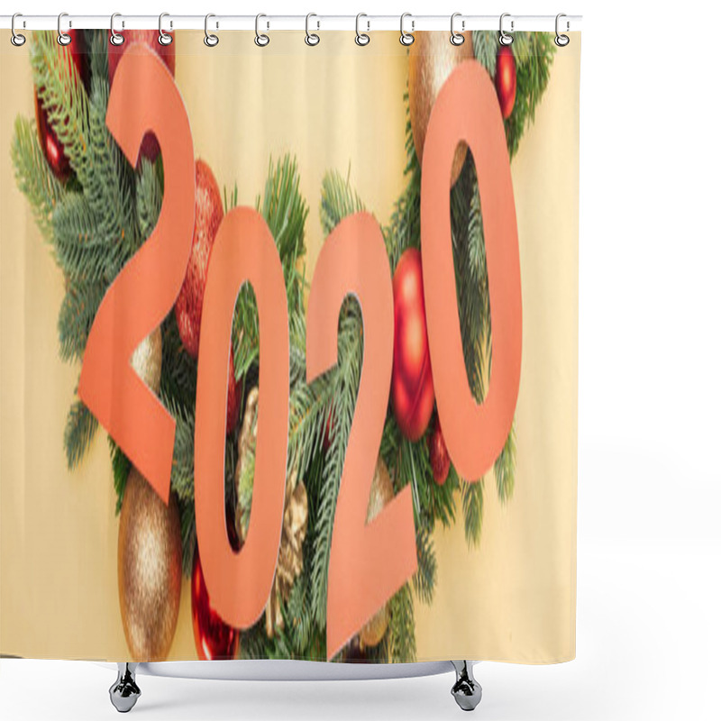 Personality  Top View Of Paper 2020 Numbers Near Christmas Tree Branch With Baubles On Yellow Background Shower Curtains