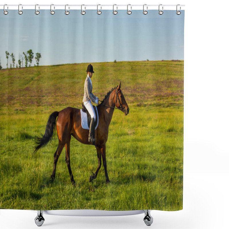 Personality  Young Woman Riding A Horse On The Green Field Shower Curtains