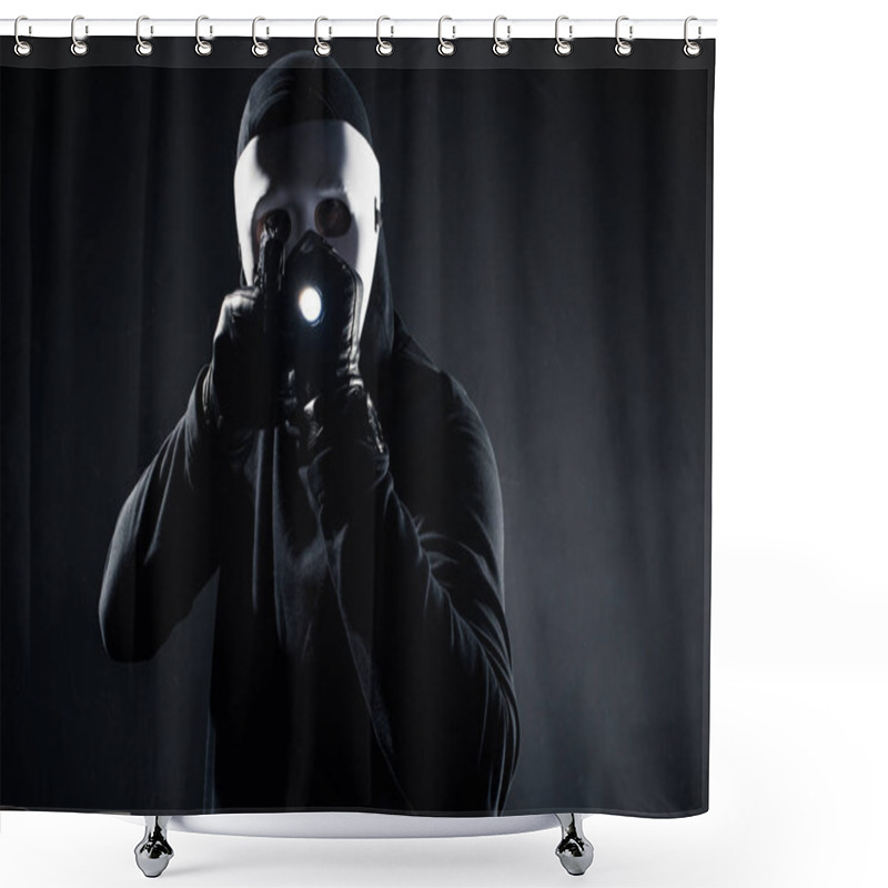 Personality  Burglar In Mask And Balaclava Aiming With Gun And Flashlight Shower Curtains