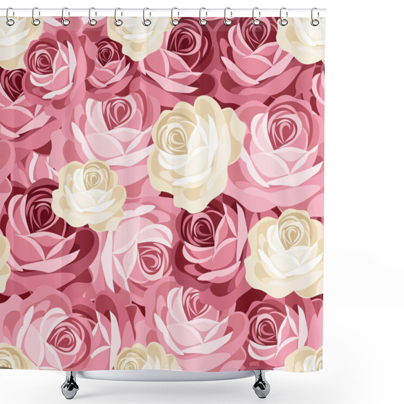 Personality  Seamless Pattern With Pink And White Roses. Vector Illustration. Shower Curtains