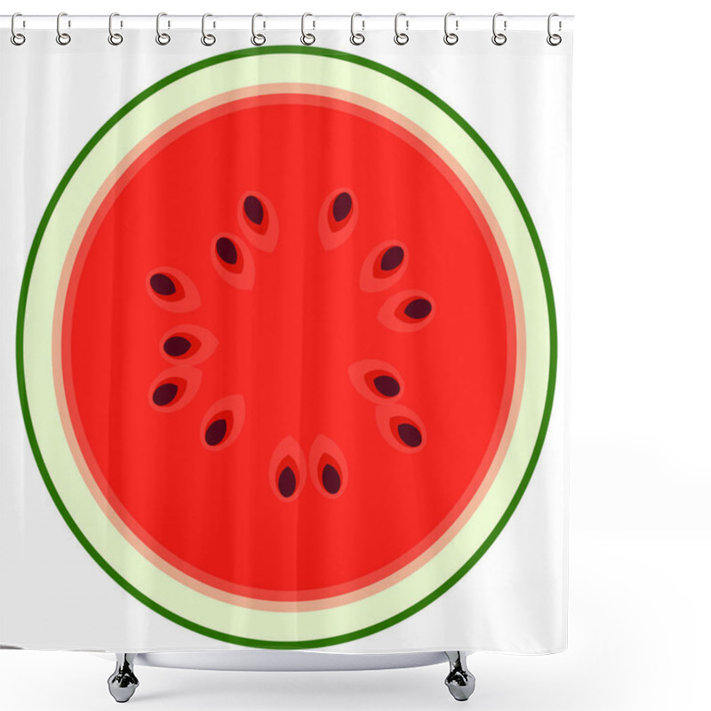 Personality  Cut In Half Red Ripe Watermelon With Bones, Top View. Tasty Summer Fruit, Web Button Template. Vitamins And Health Icon. Isolated Vector Illustration. Shower Curtains