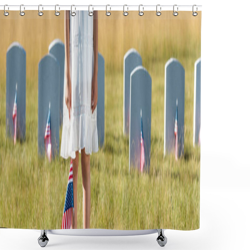 Personality  Panoramic Shot Of Kid In White Dress Standing On Graveyard With American Flag  Shower Curtains