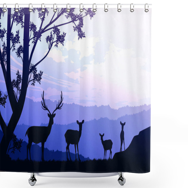 Personality  Herd Of Deer In The Natural Forest. Wild Animals. Mountains Horizon Hills Silhouettes Of Trees. Evening Sunrise And Sunset. Landscape Wallpaper. Illustration Vector Style. Colorful View Background.   Shower Curtains