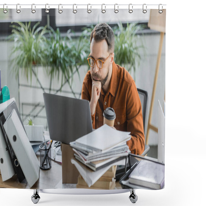 Personality  Deep In Thought Businessman Puffing Cheeks While Solving Problem Near Laptop On Carton Box, Takeaway Drink, Pile Of Books And Notebooks, Pen Holder With Pencils And Pens Near Scissors On Desk Shower Curtains