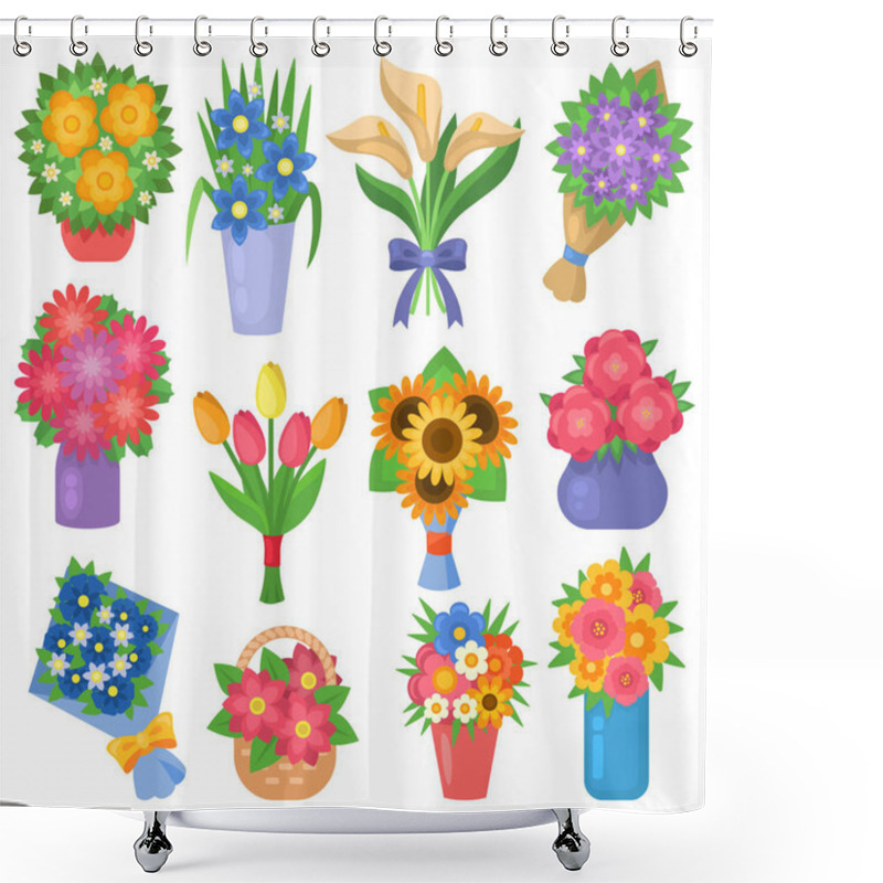 Personality  Flowers Brunch Bouquet Set Collection Flat Floral Vector Garden Vector Illustration. Shower Curtains