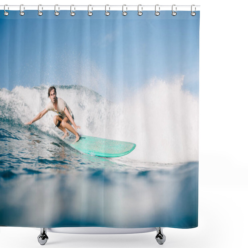 Personality  Handsome Man In Wet T-shirt Riding Waves On Surfboard While Having Vacation Shower Curtains