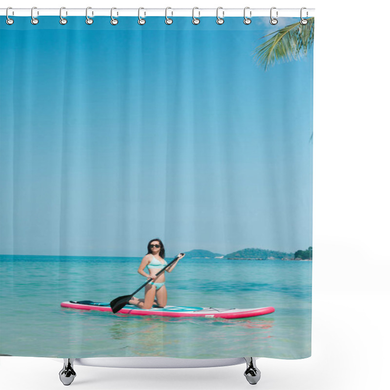 Personality  Young Girl On Stand Up Paddle Board On Sea At Resort Shower Curtains