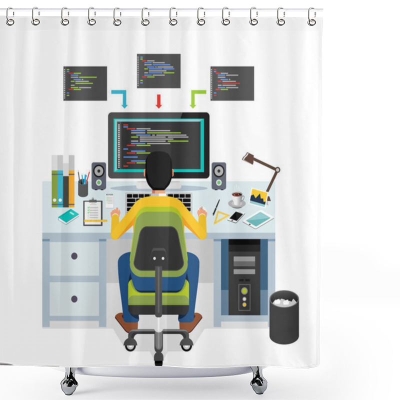 Personality  Programmer Working On Computer. Shower Curtains