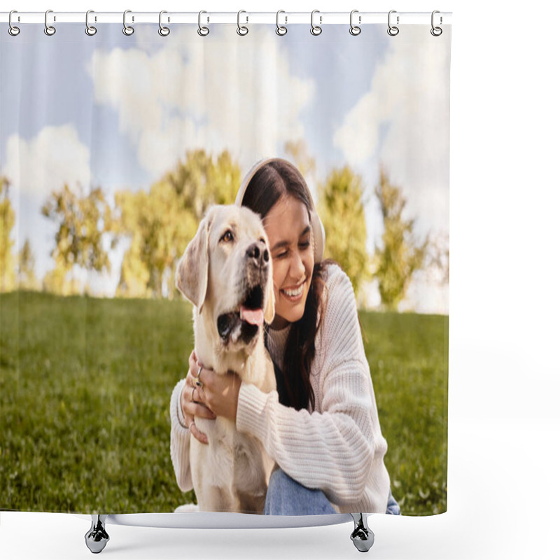 Personality  A Young Woman, Wrapped In Warm Autumn Clothing, Embraces Her Dog While Relaxing In The Park. Shower Curtains