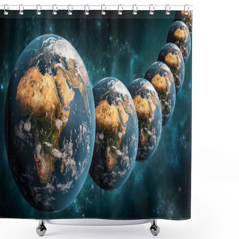 Personality  Alignment Or Array Of Many Earth Planet In Outer Space Scenery 3D Rendering Illustration. Multiverse Or Parallel Universes Concept. Earth Textures Provided By NASA. Shower Curtains