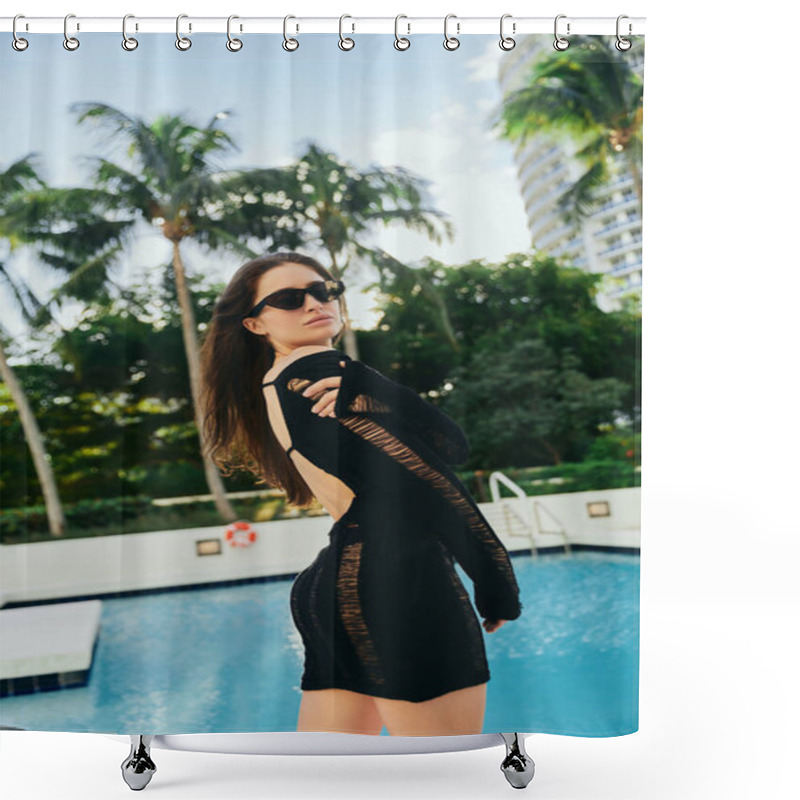 Personality  Summer Getaway, Sexy Brunette Woman With Tanned Skin Standing Next To Outdoor Swimming Pool, Tourist In Black Knitted Dress And Sunglasses In Luxury Resort During Vacation In Miami, Palm Trees   Shower Curtains