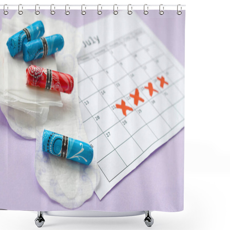 Personality  Menstrual Pads And Tampons On Menstruation Period Calendar With Red Cross Marks Lies On Lilac Background Shower Curtains