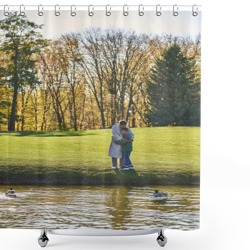 Personality  Joyful African American Mother And Son Hugging Near Lake, Ducks, Woman And Boy In Outerwear, Nature Shower Curtains