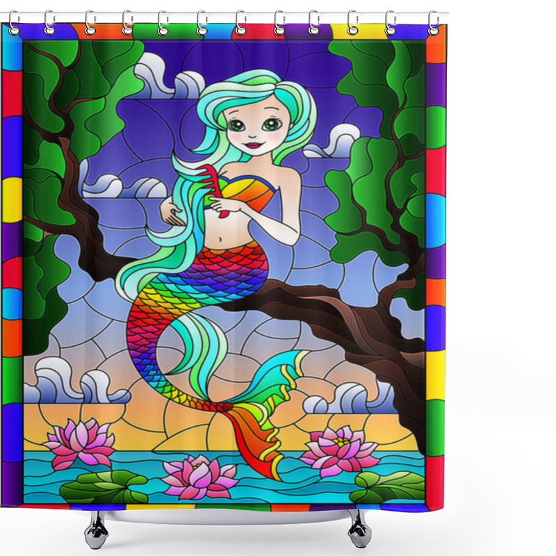 Personality  Illustration In Stained Glass Style With Cute Cartoon Mermaid ,sitting On A Tree Branch On A Background Of Water And Sky, In Bright Frame Shower Curtains