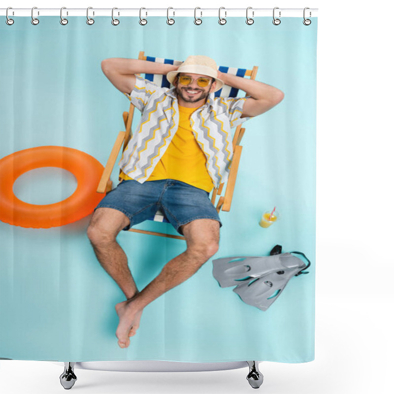 Personality  High Angle View Of Happy Man In Sunglasses Sitting On Deck Chair Near Inflatable Ring And Swimming Flippers On Blue Background  Shower Curtains