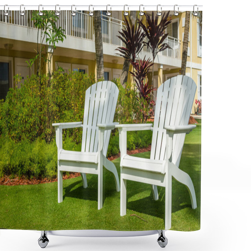 Personality  Empty Adirondack Chairs In A Garden Shower Curtains