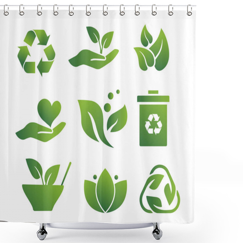 Personality  Eco Green Logo Set. Hand With Plant, Recycling And Reuse Icon. Natural And Organic Products, Vegetarian Diet. Caring For Nature And Environment. Flat Vector Collection Isolated On White Background Shower Curtains