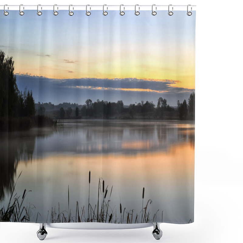 Personality  The Morning Landscape With Sunrise Over Water In The Fog Shower Curtains