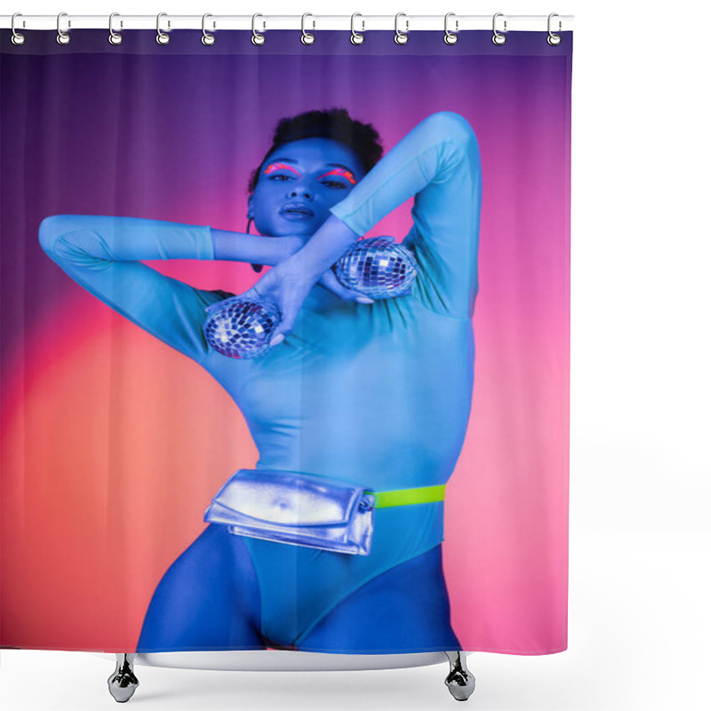 Personality  Fashionable African American Model With Neon Eyeliner Posing With Disco Balls On Pink And Purple Background Shower Curtains