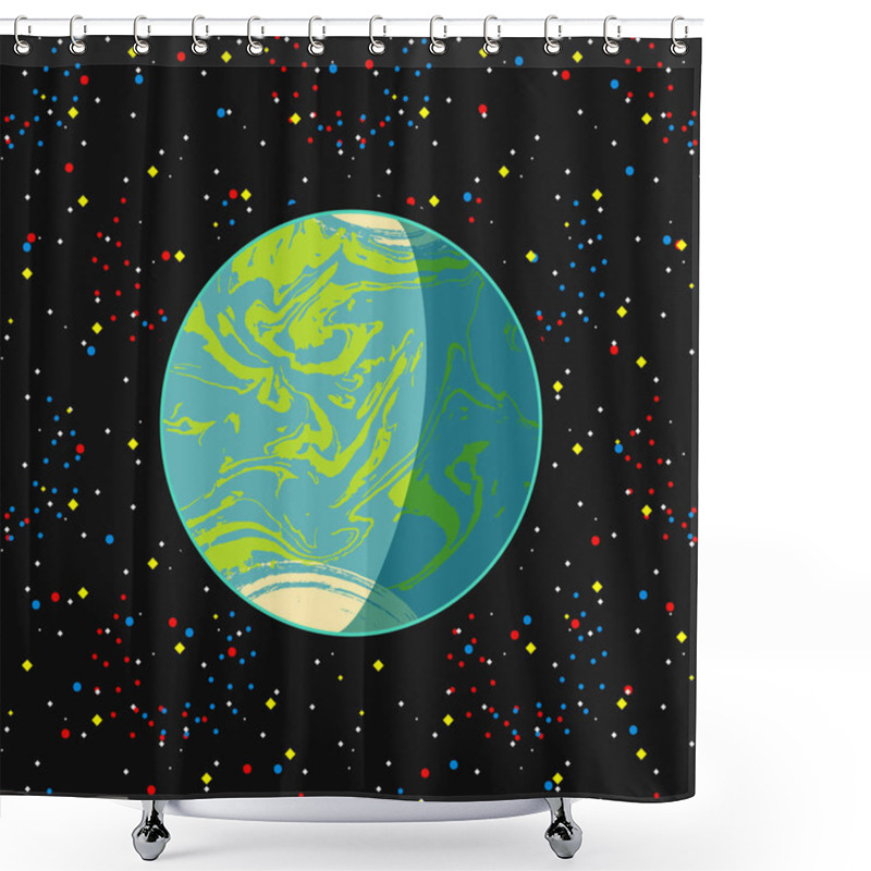 Personality  Earth - Blue Globe Terrestrial Exo Planet On Dark Space Stars Background. Futuristic Cartoon Scenery. Vector Space Illustration In Comics Style. Universe Concept Poster Shower Curtains