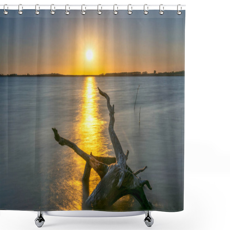 Personality  Lakeside Sunset With Dry Twigs Toward The Sun As Something Abstract About The Vitality Of The Human Rising Old Age Shower Curtains