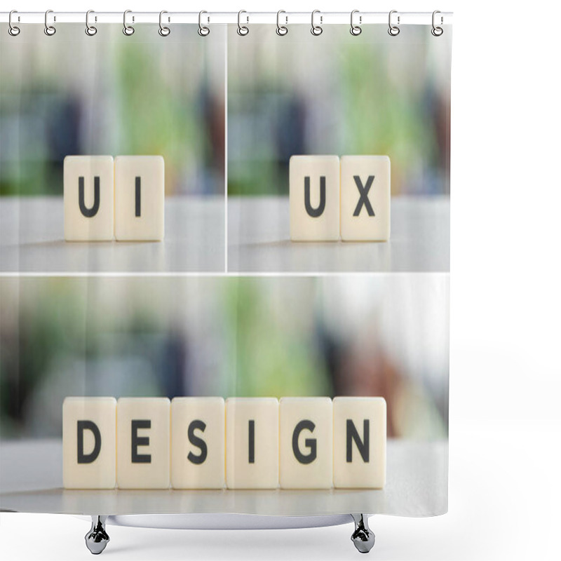 Personality  Collage Of White Blocks With Ui, Ux, Design Lettering On Office Desk Shower Curtains