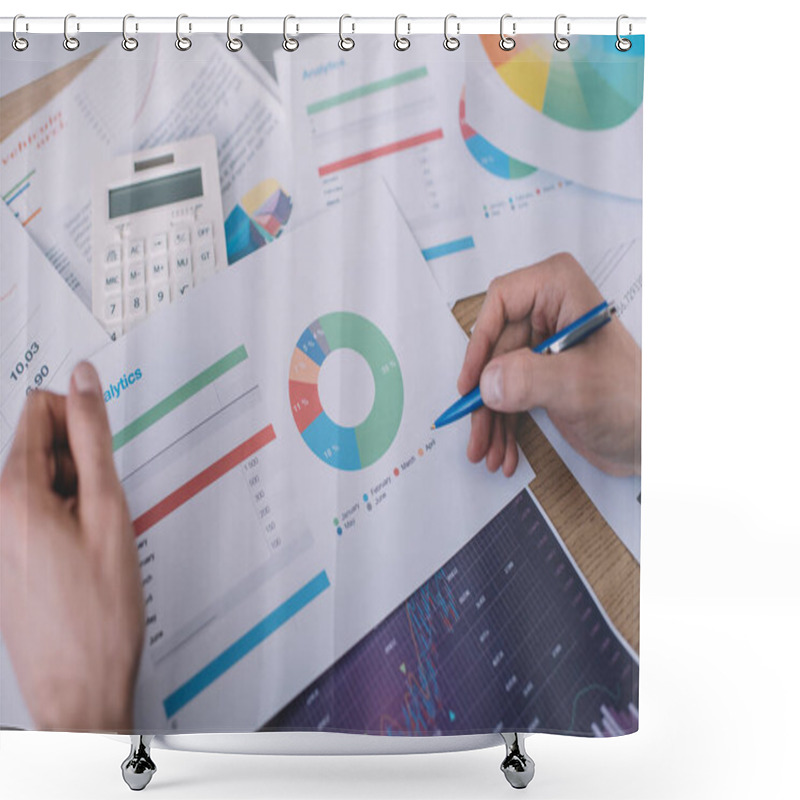 Personality  Cropped View Of Information Security Analyst Planning Strategy With Charts At Table  Shower Curtains