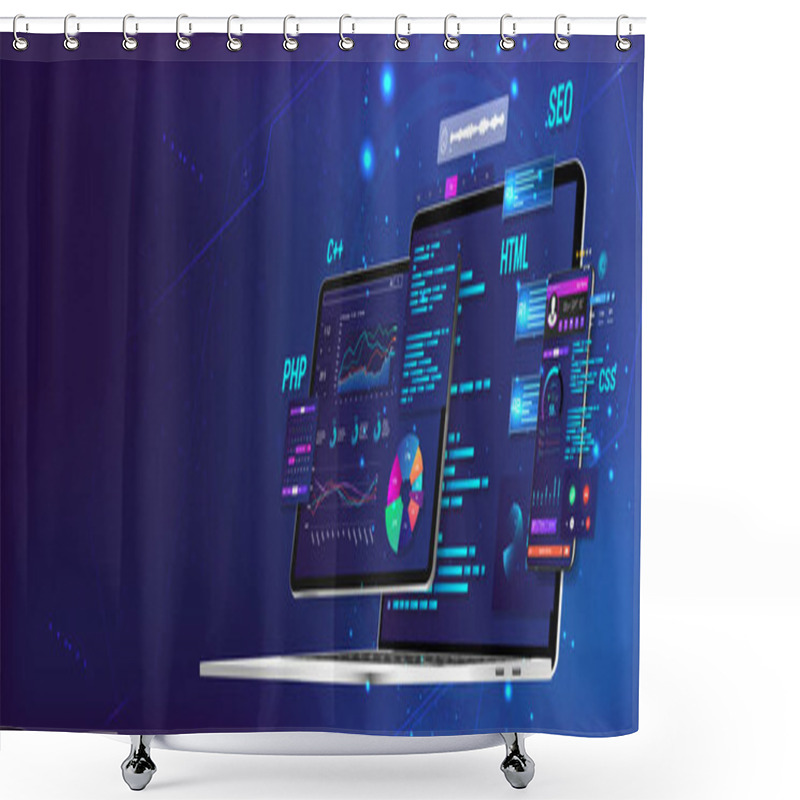 Personality  Banner Software UI And Development For Different Devices. Business App Dashboard With Graph, Charts, Analytics Data, Testing Platform, Coding Process. Software Development And Programming Concept. Shower Curtains