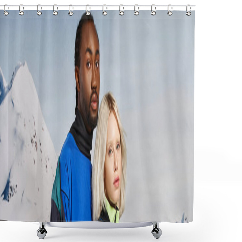 Personality  Fashionable Young Couple Posing Together On Snowy Mountain Backdrop, Winter Concept, Banner Shower Curtains