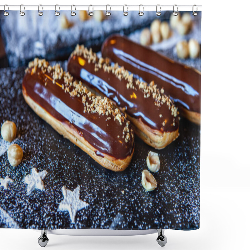 Personality  Traditional French Eclairs With Chocolate. Tasty Dessert. Home Made Cake Eclairs Sweet. Dessert. Pastry Filled With Cream. Chocolate Icing. Shower Curtains