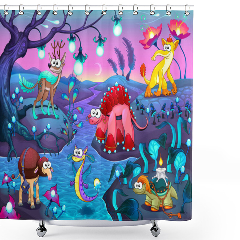 Personality  Group Of Funny Animals In A Fantasy Landscape Shower Curtains