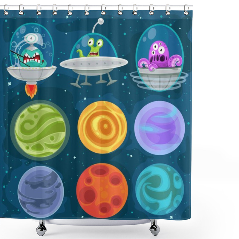 Personality  Cartoon Aliens In Spaceships, Set Of Planets In Space Background Shower Curtains