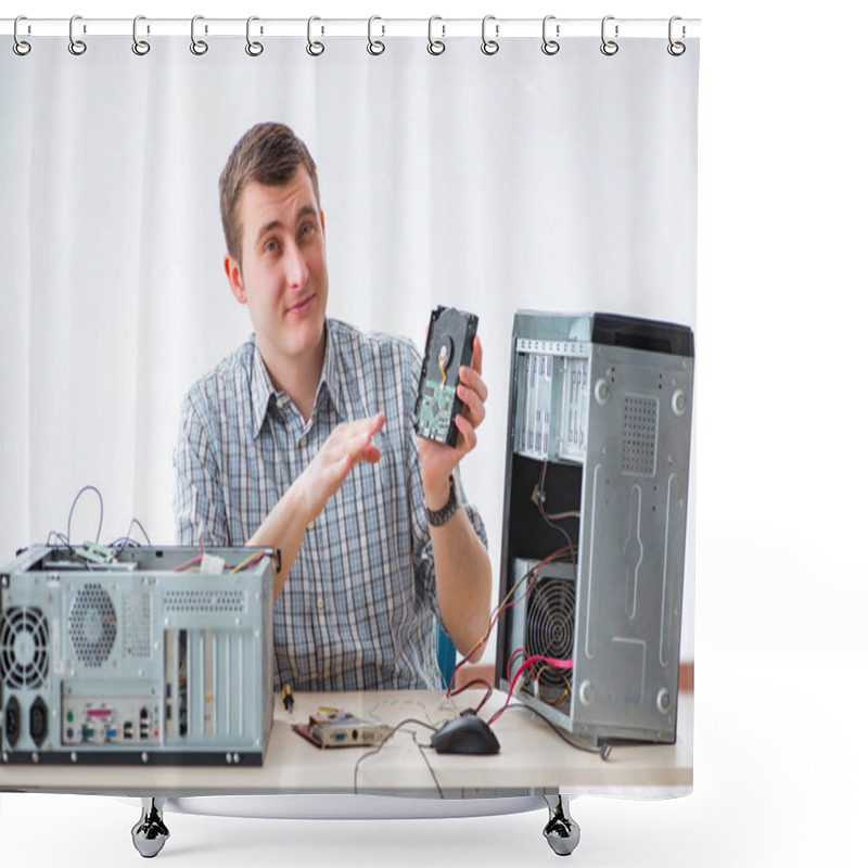 Personality  Young Technician Repairing Computer In Workshop Shower Curtains