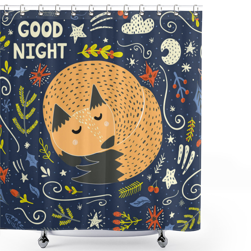 Personality  Good Night Card With A Cute Sleeping Fox. Vector Illustration Shower Curtains