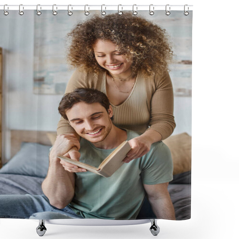 Personality  Curly Young Woman Lovingly Hugs Brunette Man Reading Book In Their Cozy Bedroom Shower Curtains