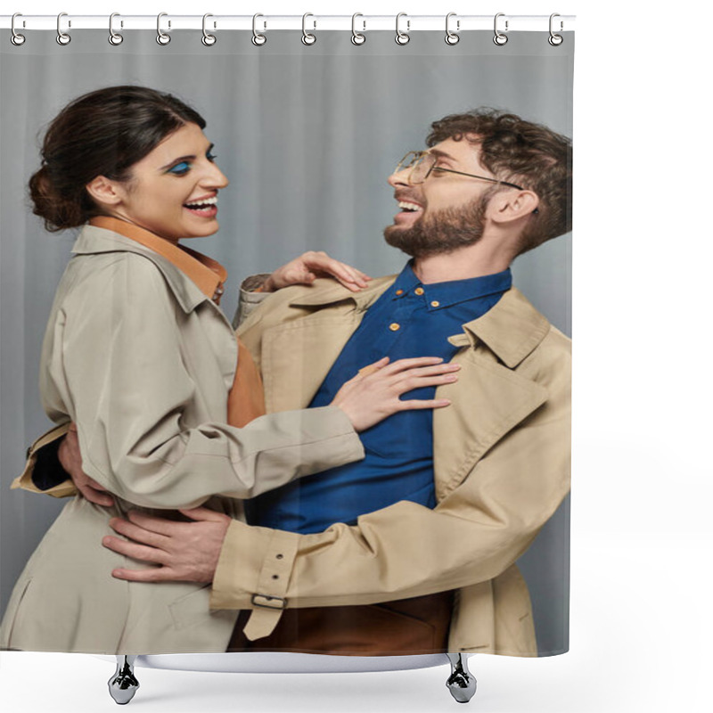 Personality  Fall Season, Joyful Man And Woman Hugging On Grey Background, Couple In Trench Coats, Style, Romance Shower Curtains