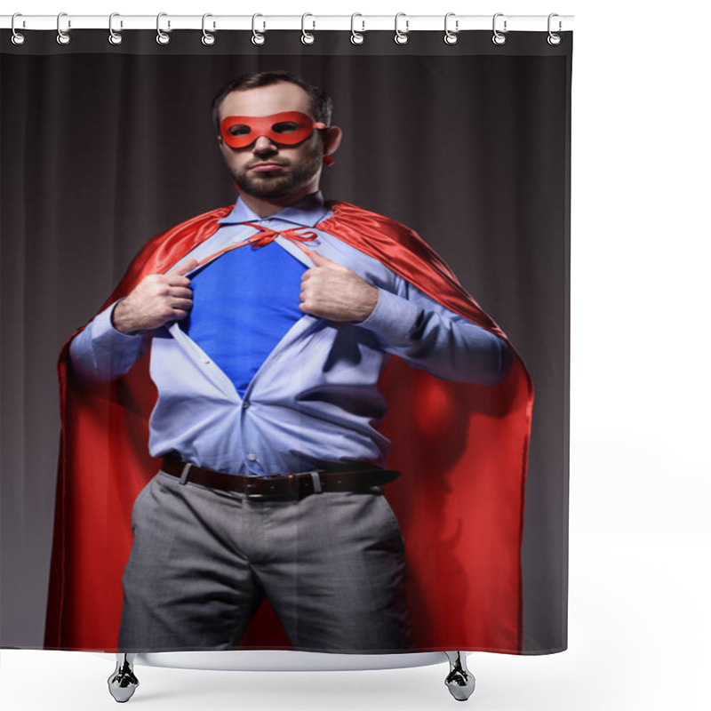 Personality  Handsome Super Businessman In Mask And Cape Showing Blue Shirt Isolated On Black Shower Curtains