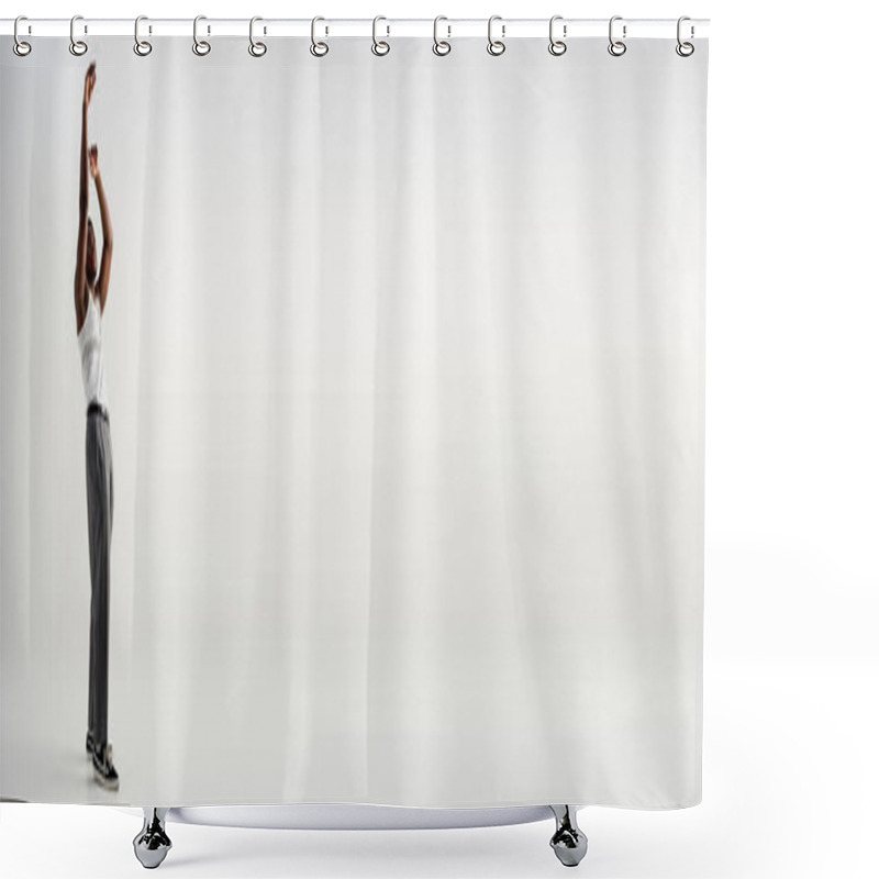 Personality  Full Length Of Young African American Man In Sleeveless T-shirt And Pants Raising Hands On Grey Background, Contemporary Shoot Featuring Stylish Attire, Banner  Shower Curtains